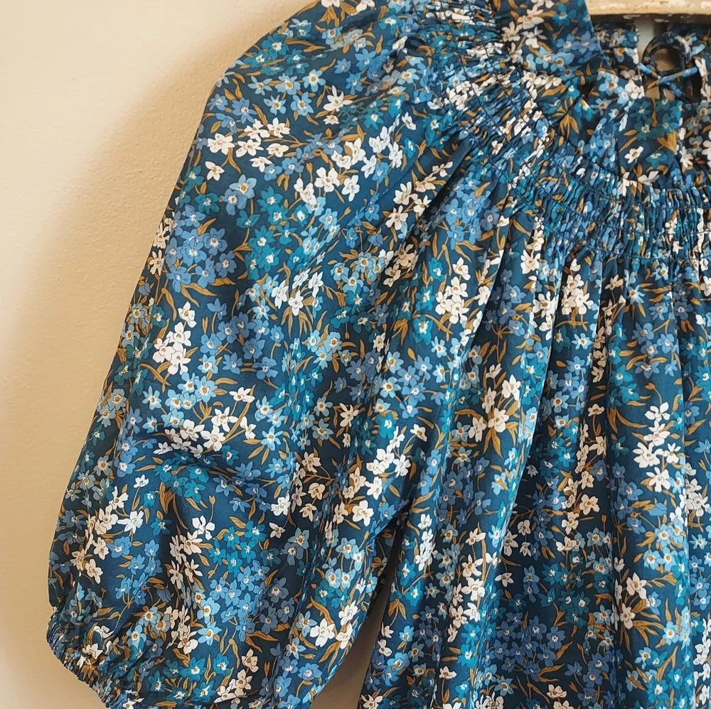 J. Crew Liberty Print Short Puff Sleeve Blue Floral Blouse Top Size XS